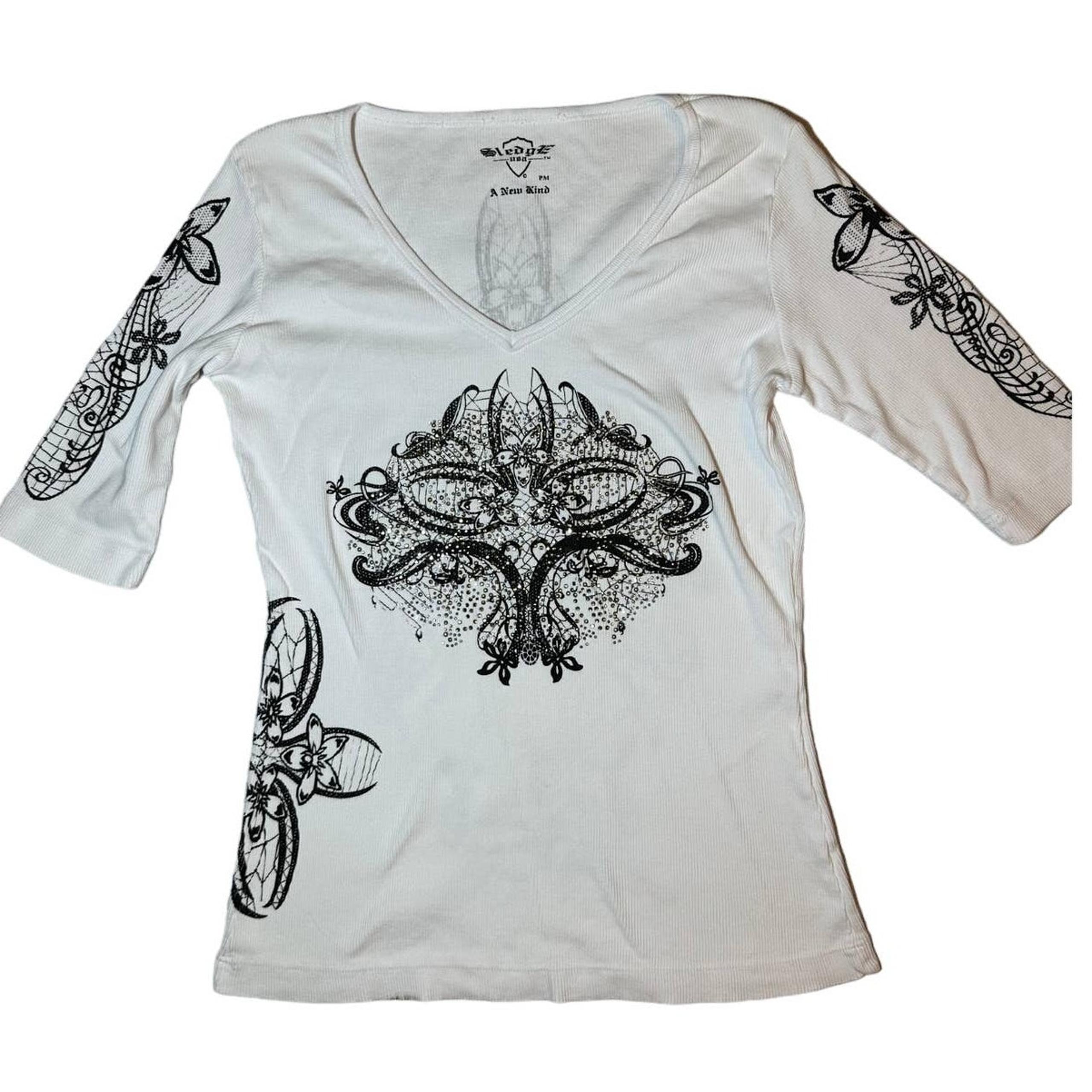 Sledge Woman's Y2K White 3/4 Sleeve Jeweled Top V-neck Size Petite Medium