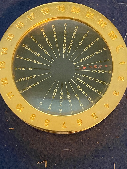 Military brass international time indicator.