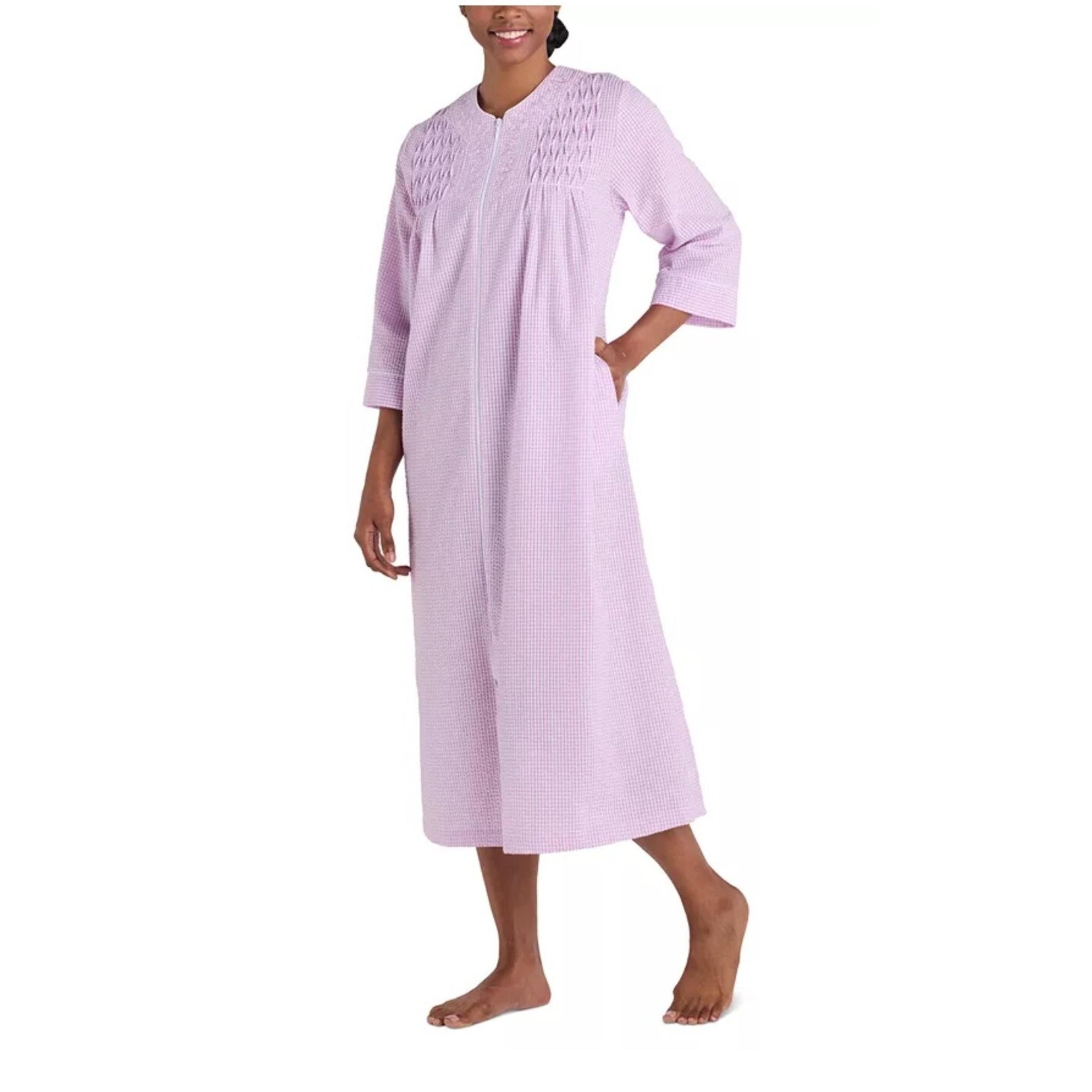 Miss Elaine Women's 3/4-Sleeve Zip-Front Seersucker Robe - Lilac/white Check