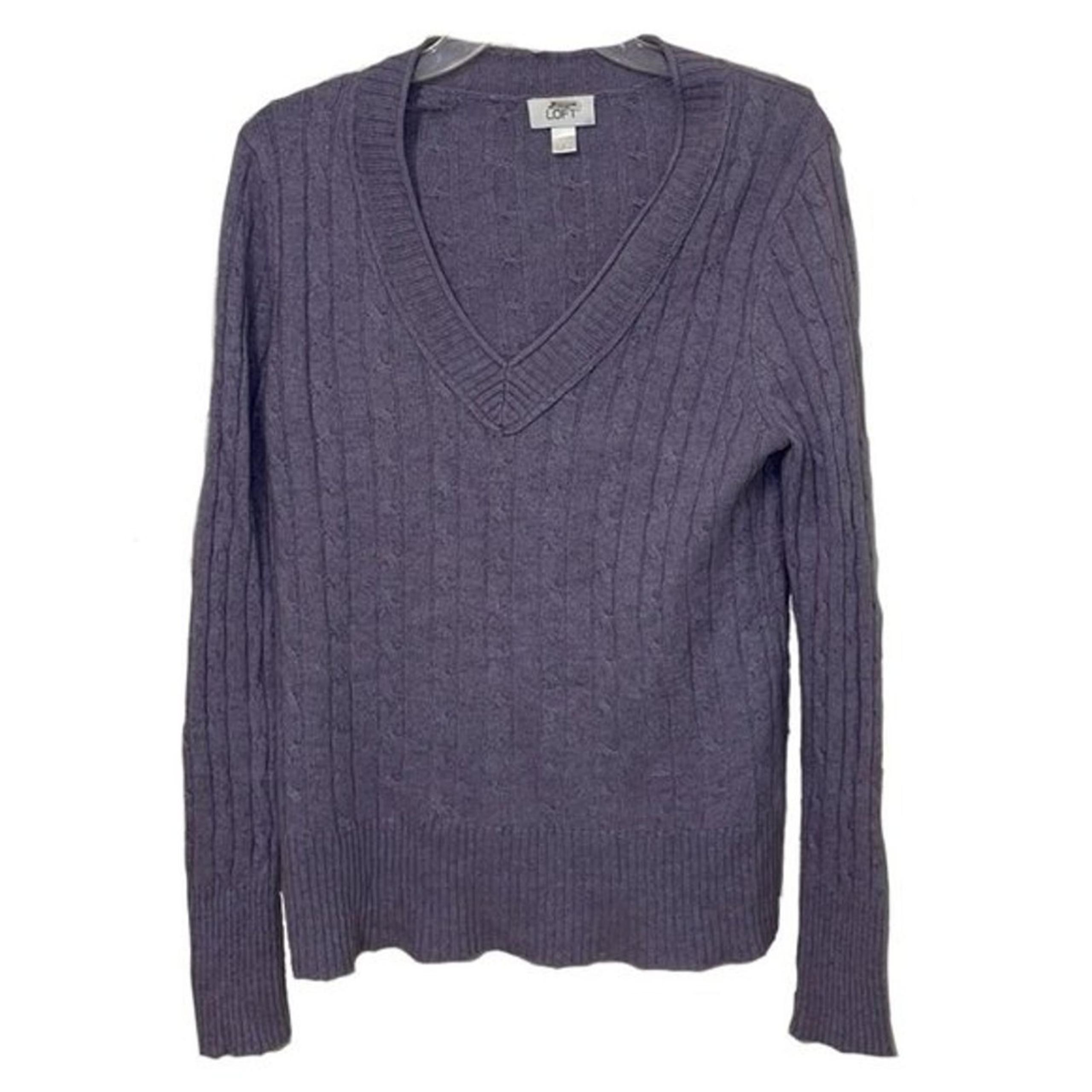 Loft Purple Sweater Womens Size Large Cable Knit V-Neck Wool Cotton Blend