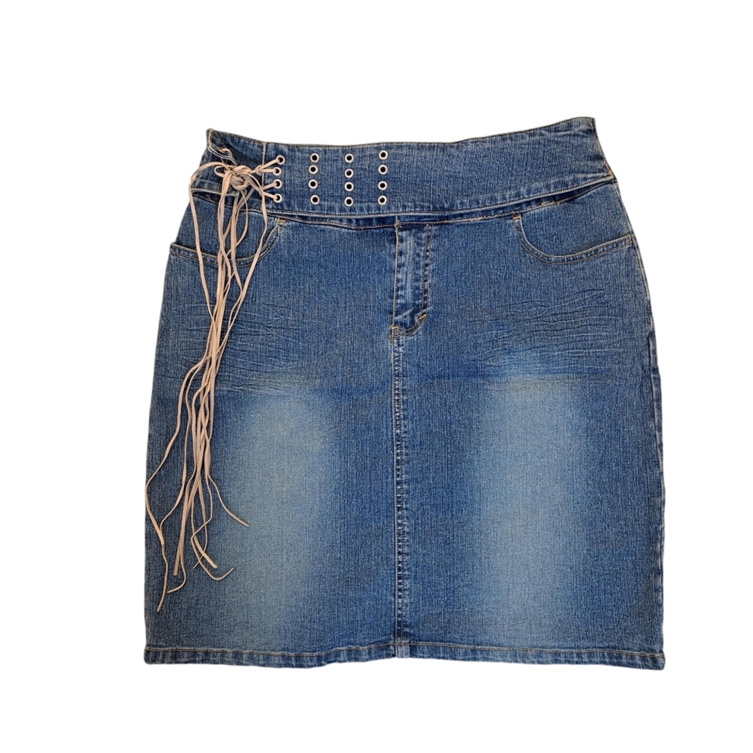 Route 66 Denim Medium Wash 70s 80s Belted Fringe Stretch Fit Mini Skirt Sz 12