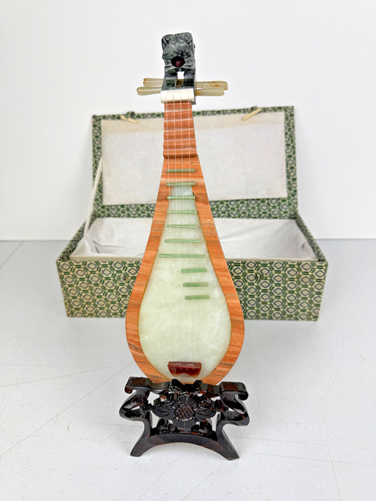 Vintage Chinese Jade & Stone Miniature Pipa Lute Figurine with Box & Stand
