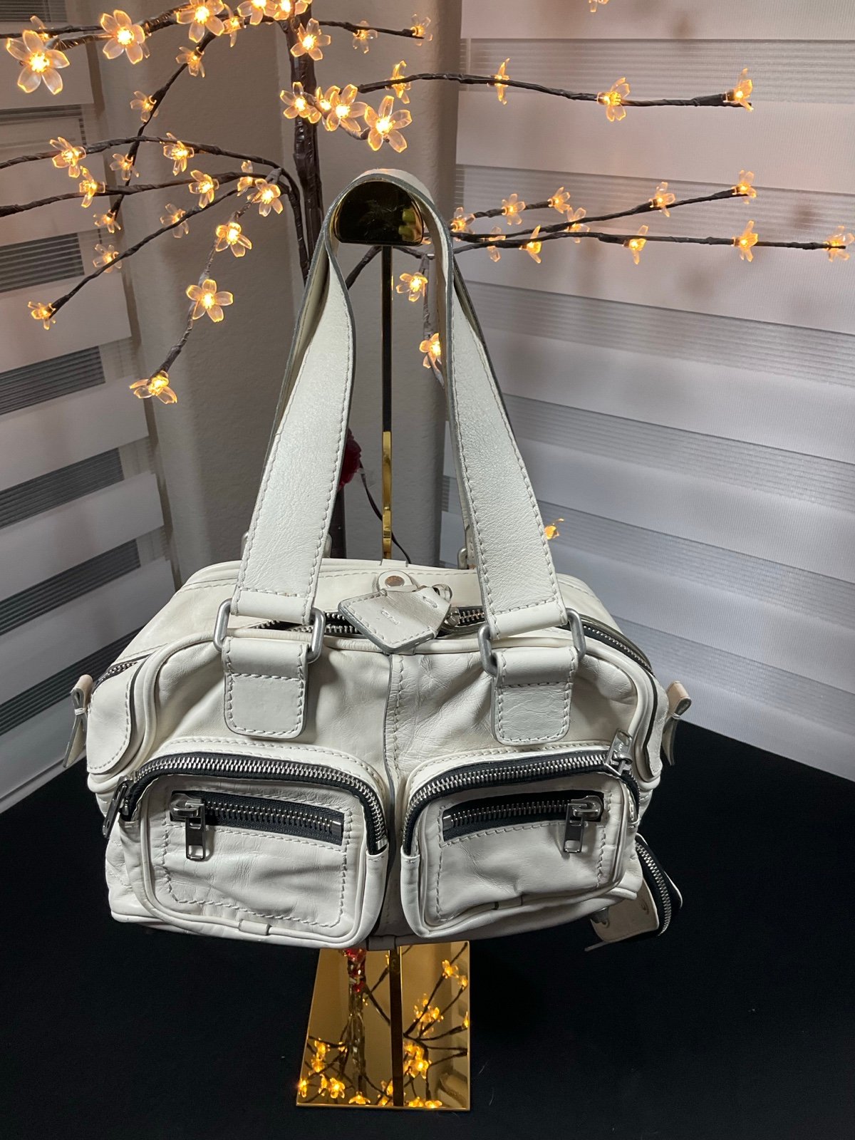 Chloe Off White Leather Shoulder Bag With Multiple Zipper Pockets