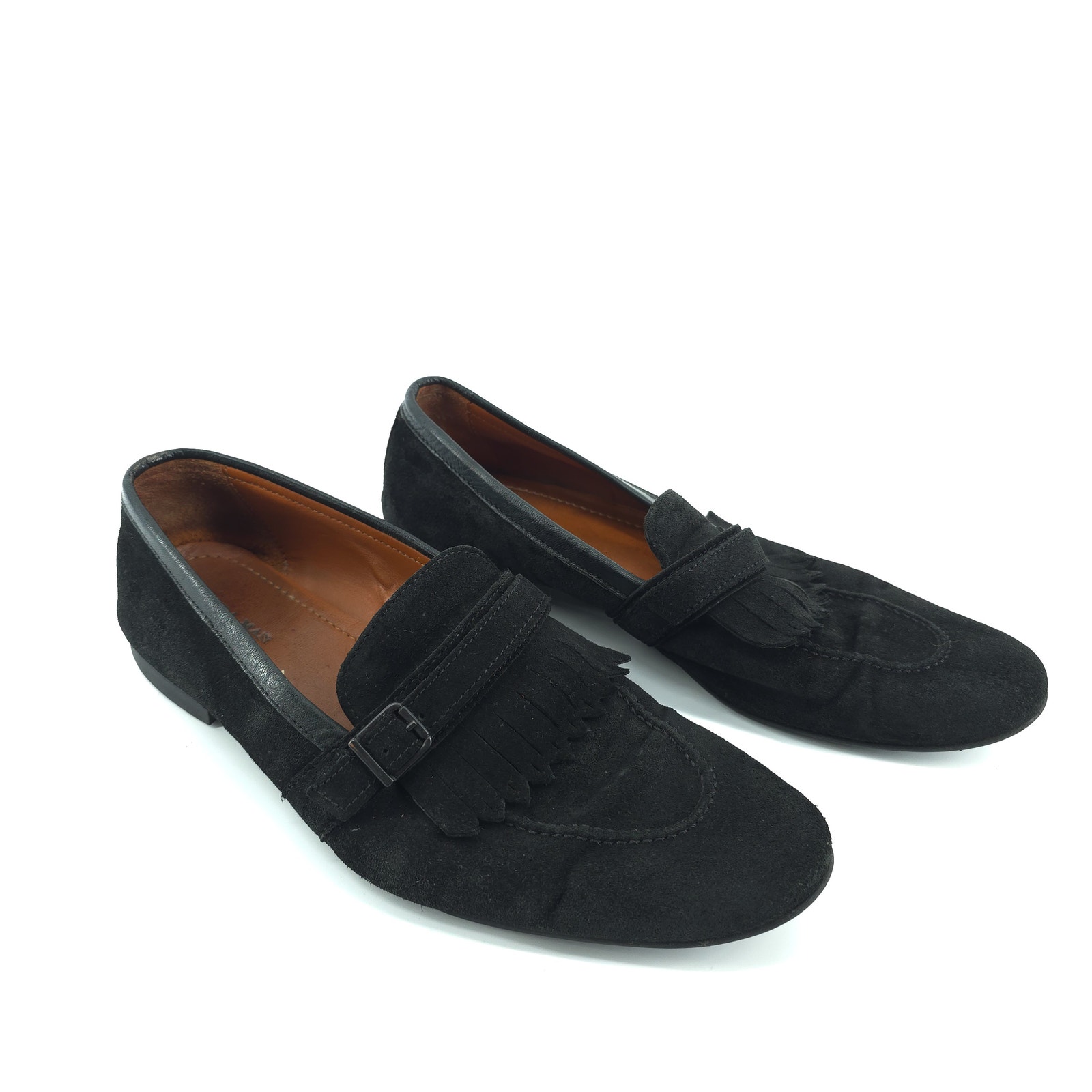 Vintage Men Black Nubuck Suede Kiltie Buckle Pebble Leather Trim Dress Loafer 42