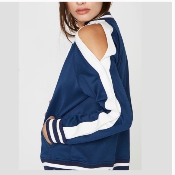 Pam & Gela Cold Shoulder Track Jacket in Blue with White Stripes size small