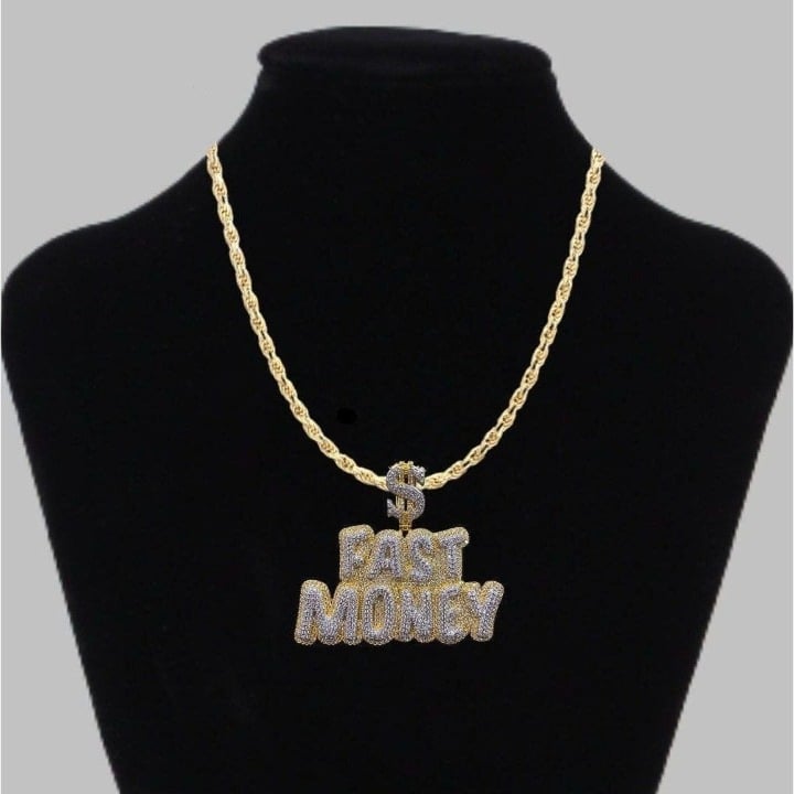 Fast Money with Dollar Symbol Name Pendant, Iced Out Hip Hop Jewelry, Gift For