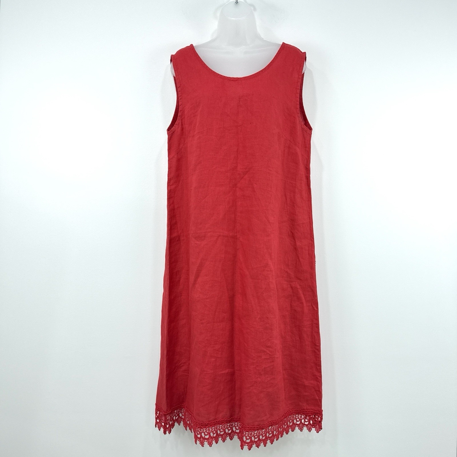 Rosemarine Dress Womens XL Red 100% Linen Lagenlook Beachy Coastal Crochet Trim