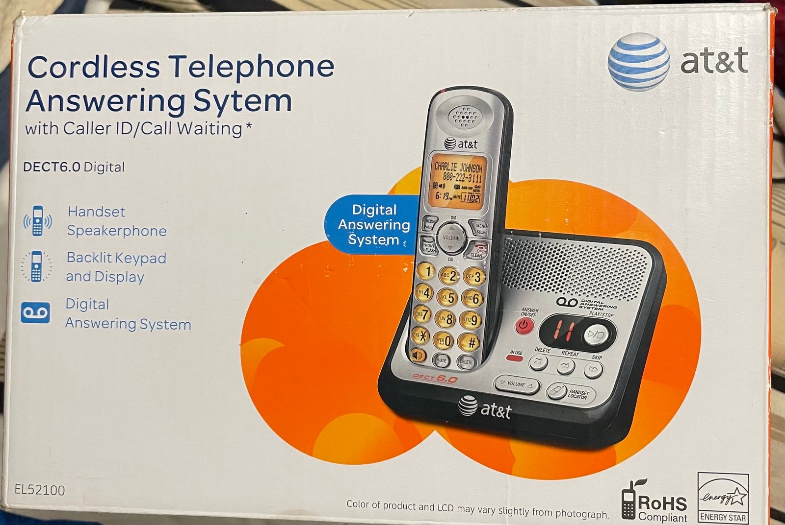 AT&T EL52100 DECT Cordless Phone, 1 × Phone Line, Speakerphone, Backlight Plug