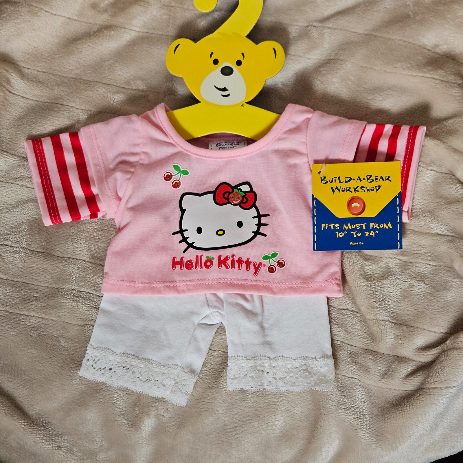 Build a Bear BAB Sanrio Hello Kitty Cherries Outfit Print T-shirt White Leggings