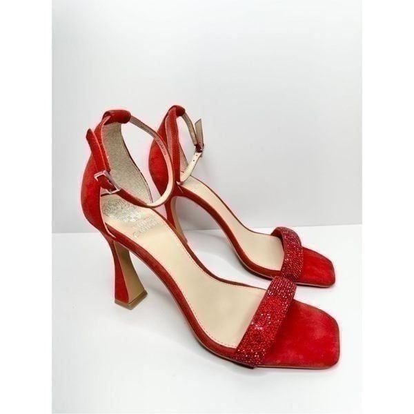 Vince Camuto Sandals Womens Size 8.5 Red Leather Rhinestones Ankle Strap Heels