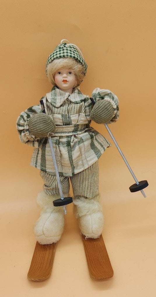 Vtg Porcelain Doll Ornament Wood Ski's 7in marked 989