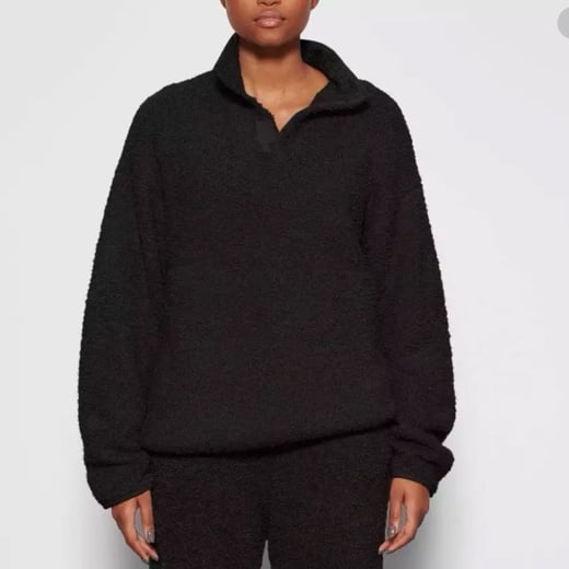 Skims Women's XXS/XS Black Teddy Jacket Oversized Pullover 1/4 Snap Sweater
