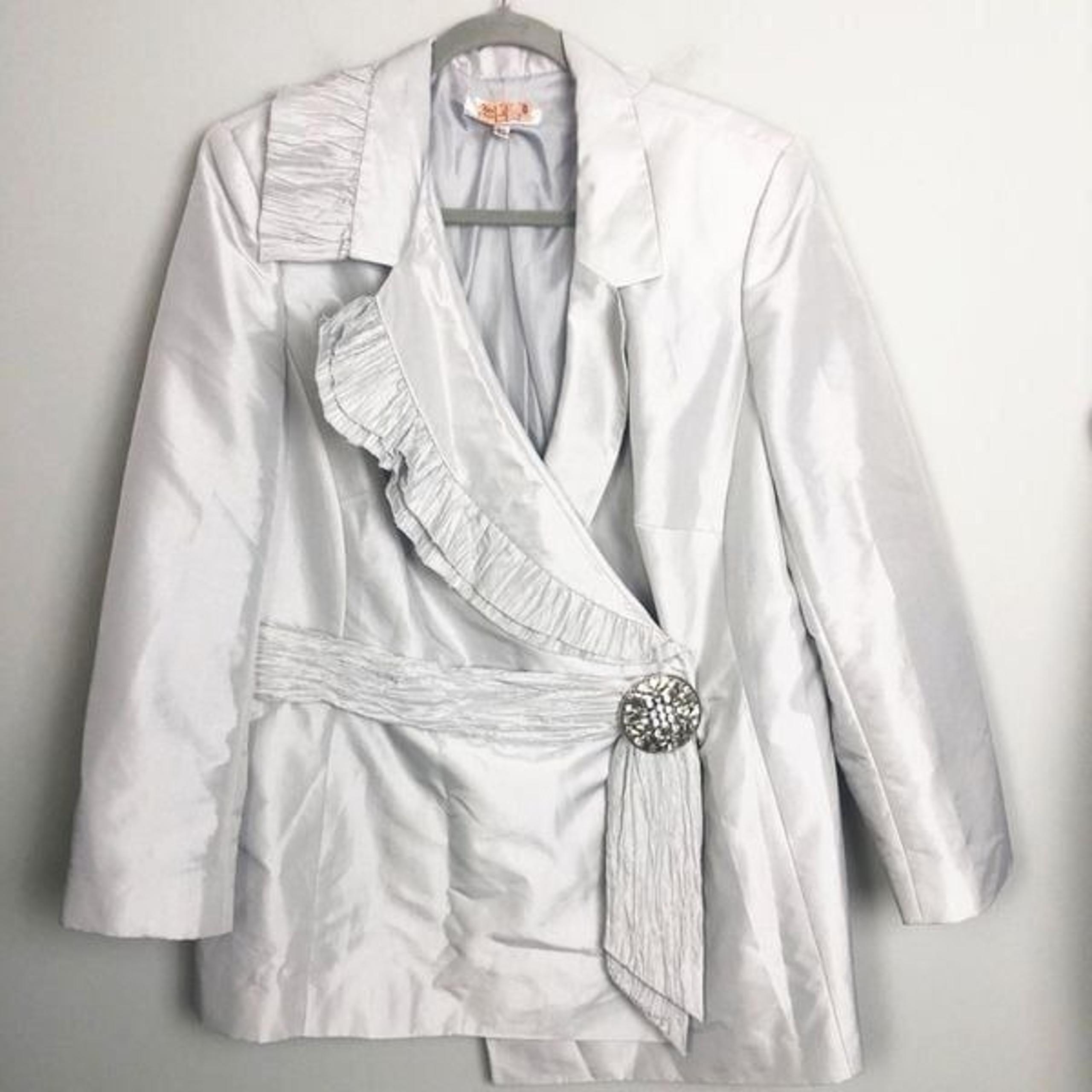 EMILY | Silver Embellished Buckle Wrap Jacket Ruffle Detail Women’s Size 16W