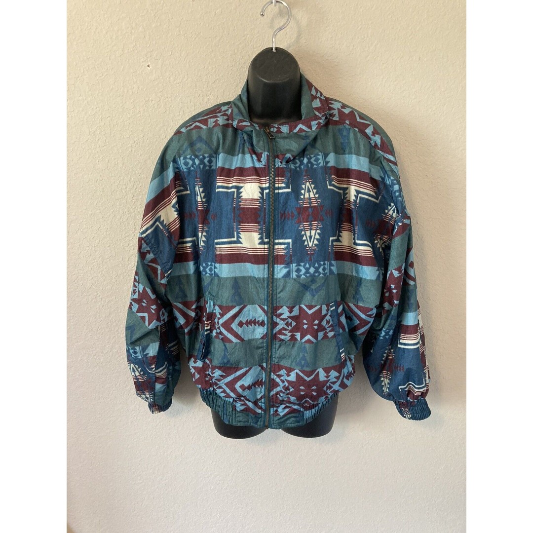Vintage 90s Kaotic Green Southwest Print Windbreaker Unisex Size Small