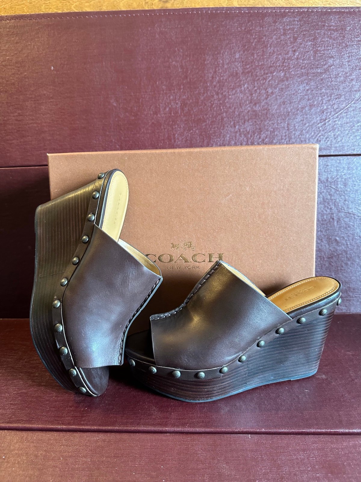 Coach Brown Leather Mules Studded Wedge Hellena Semi Matte Calf 8.5B Chestnut