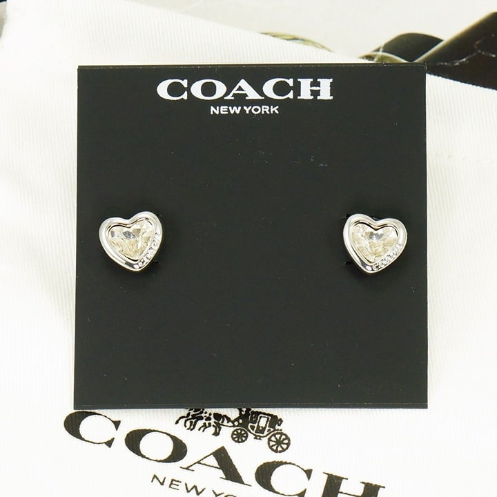 Coach Stone Heart Crystal Stud Earrings Silver Tone