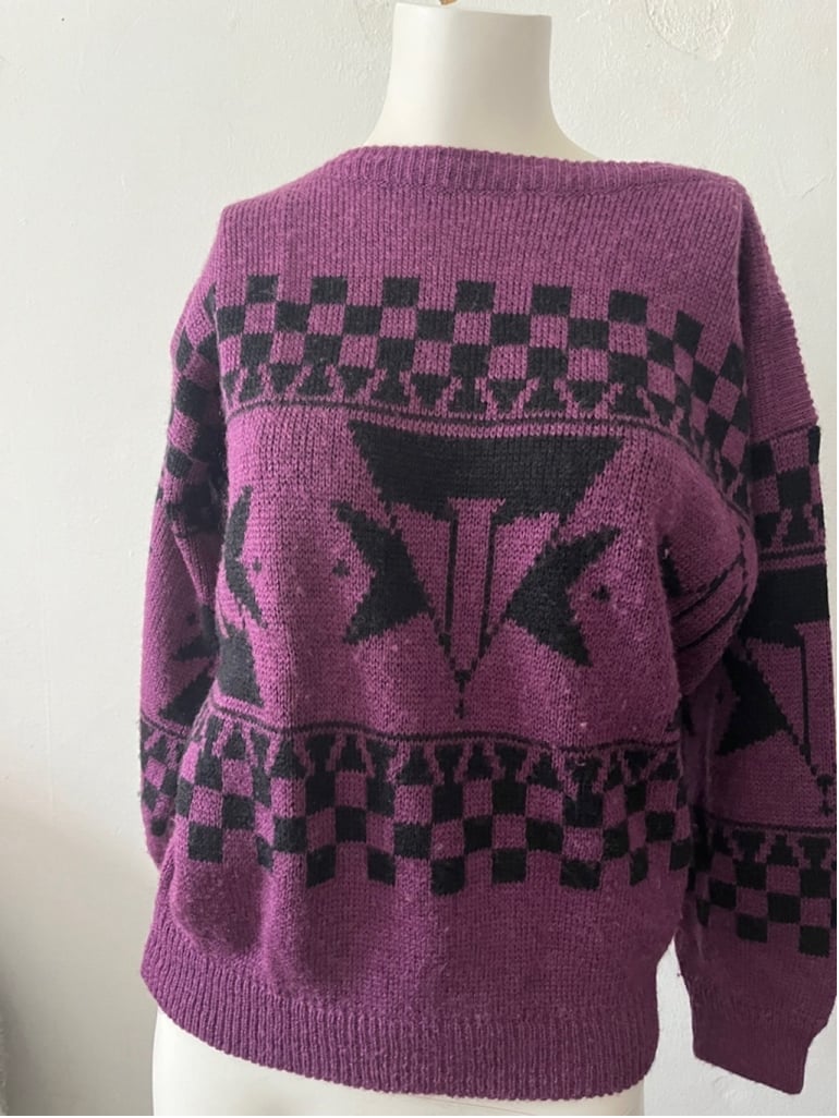 Esprit crew neck Purple & Black Aztec pullover wool blend Checkered Sweater S
