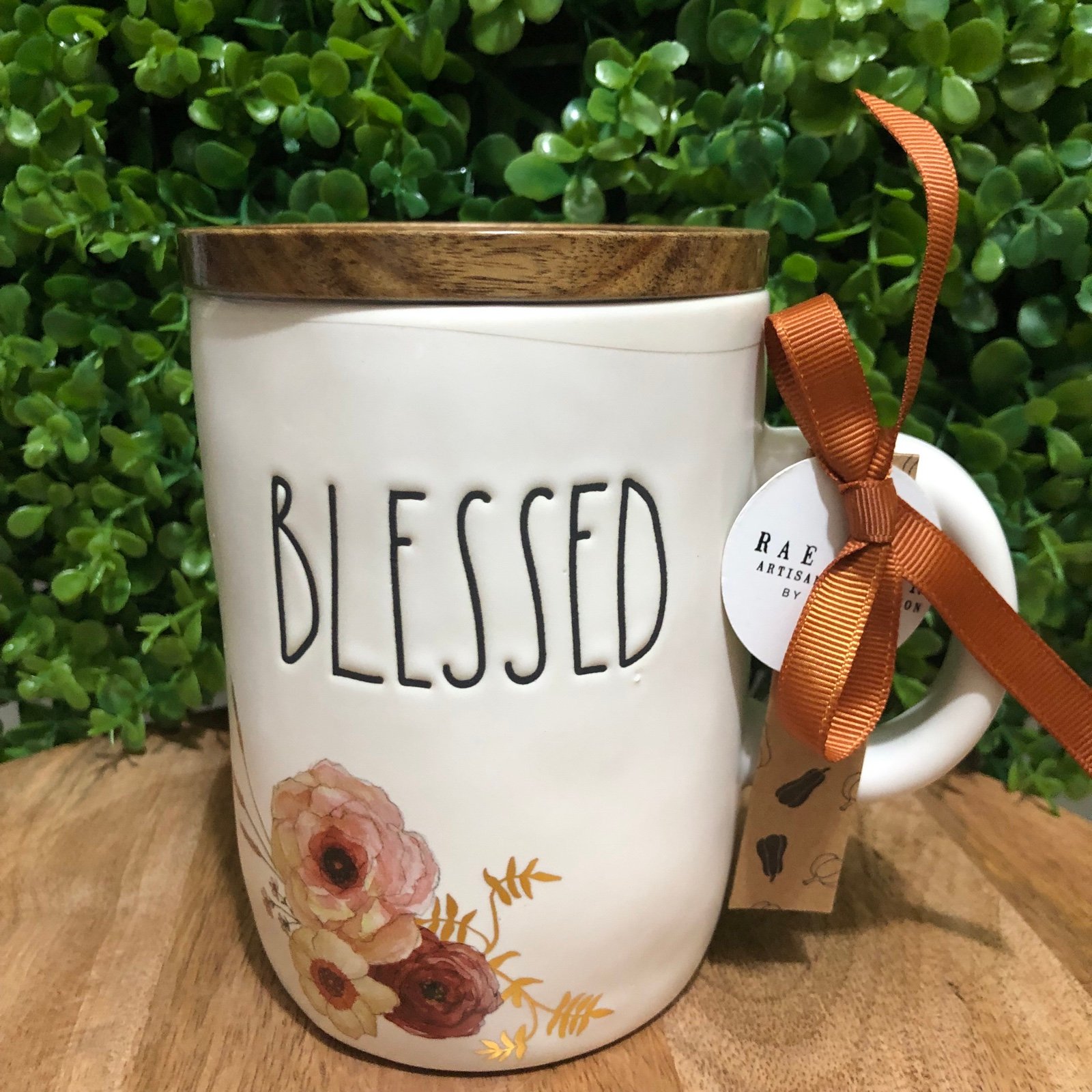 Rae Dunn NWT “Blessed “ mug with Wood lid
