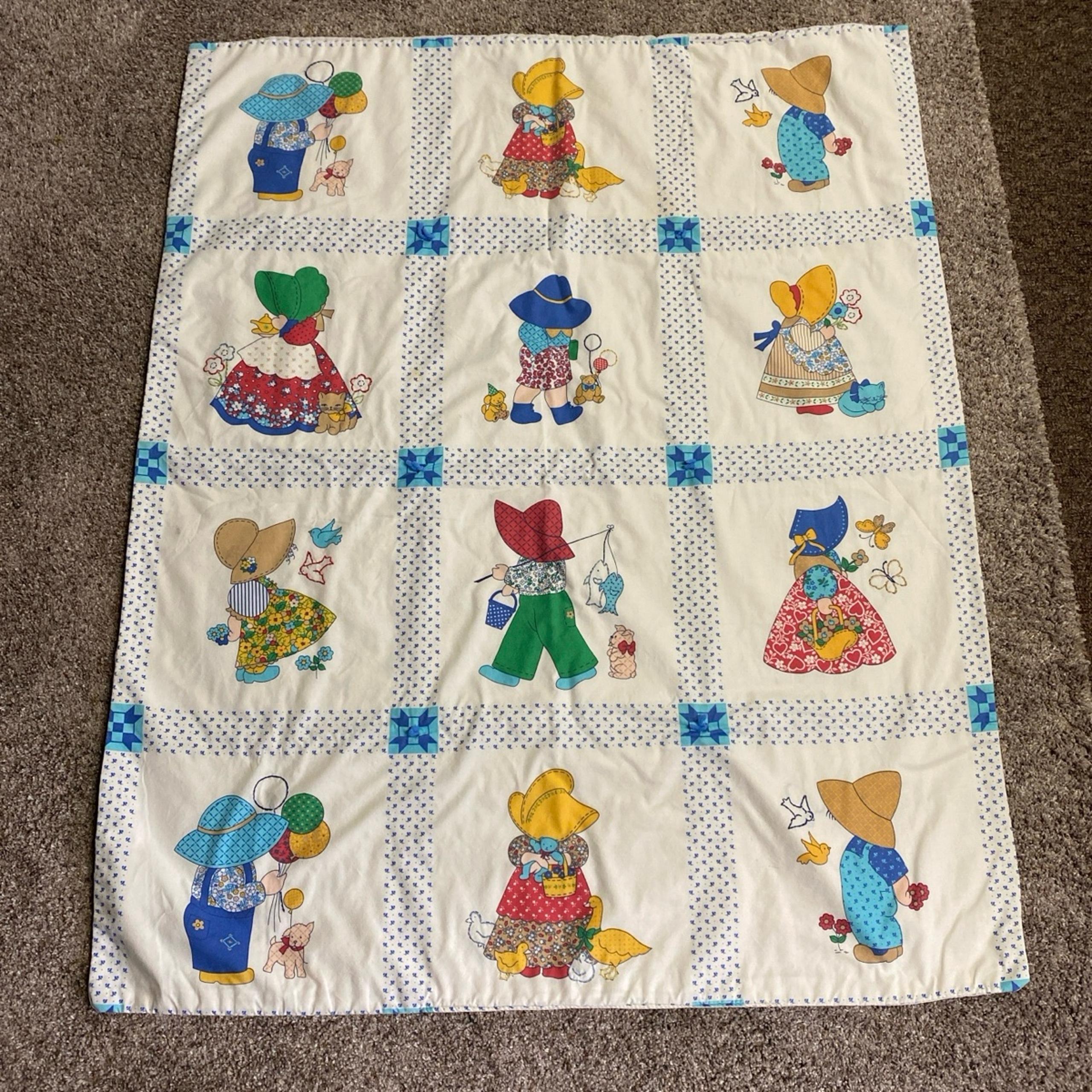 Hamade Children’s Blanket With Sun Bonnet Children Design with Needlepoint Vtg