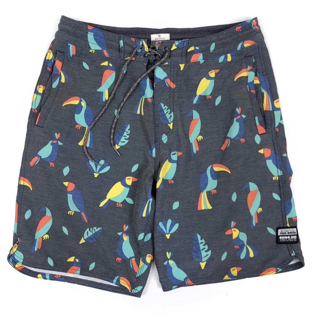 RIP CURL LayDays 8 Inch Swim Trunks Board Shorts Parrot Novelty Gray 31 Y2k 90s