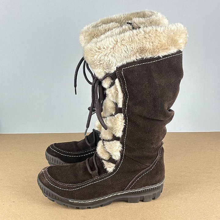 BareTraps Dory Suede Faux Fur Lined Tall Boots Womens 7.5 Brown Tan Side Zip
