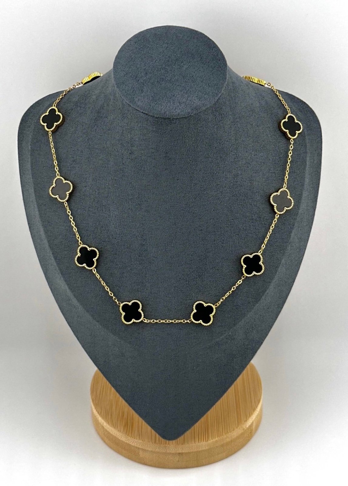18K Gold Plated over Stainless Steel Black 4 Leaf Clover Necklace