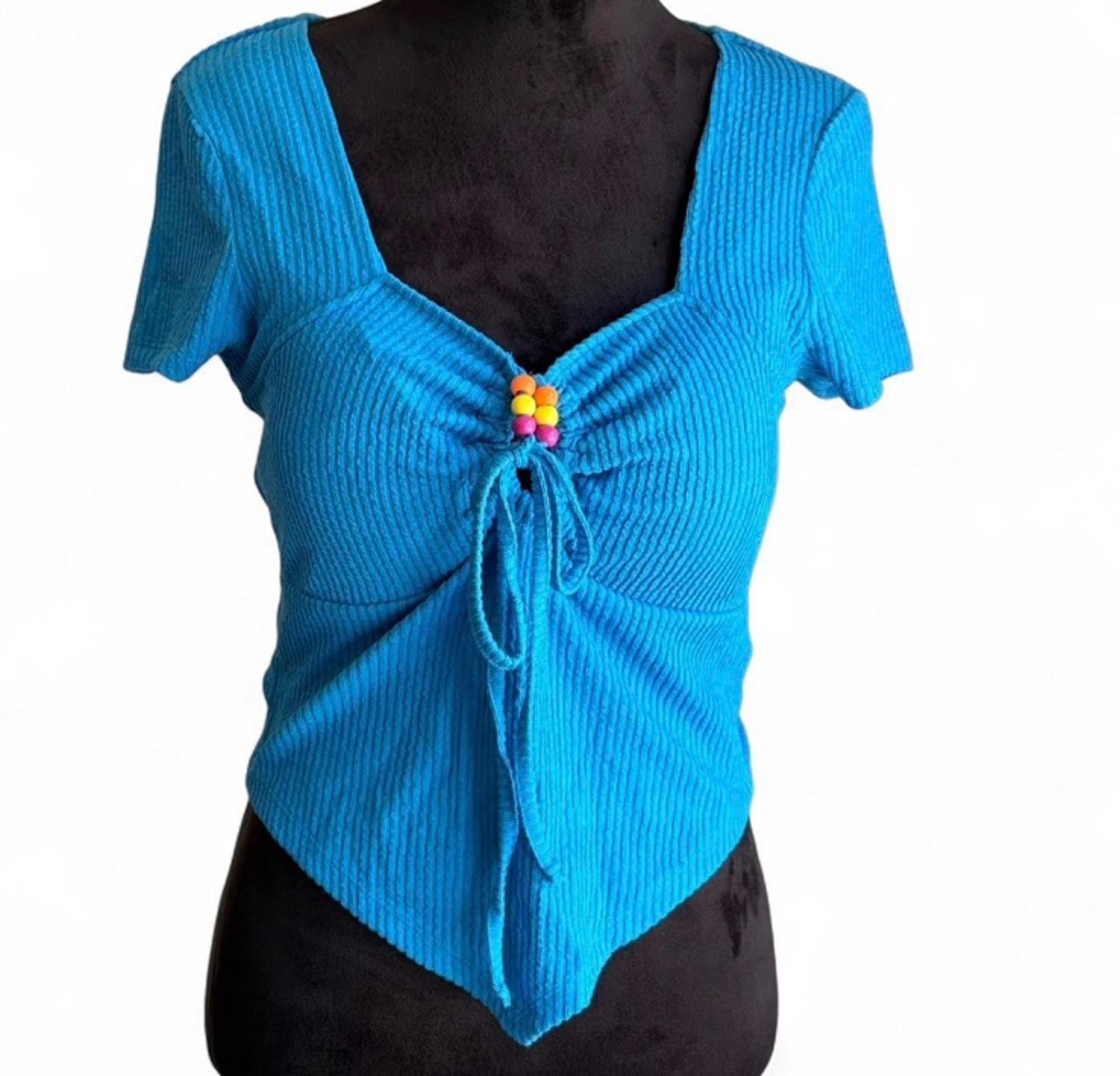Cute Crop top with bead accents light blue NWOT