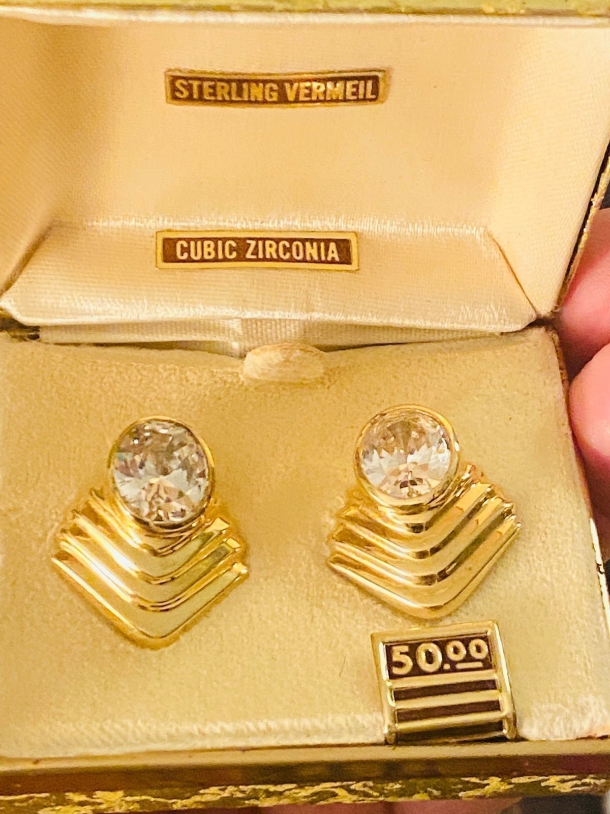 Gorgeous & Stunning CZ Sterling Vermeil Antique Vintage Earrings In Original Box