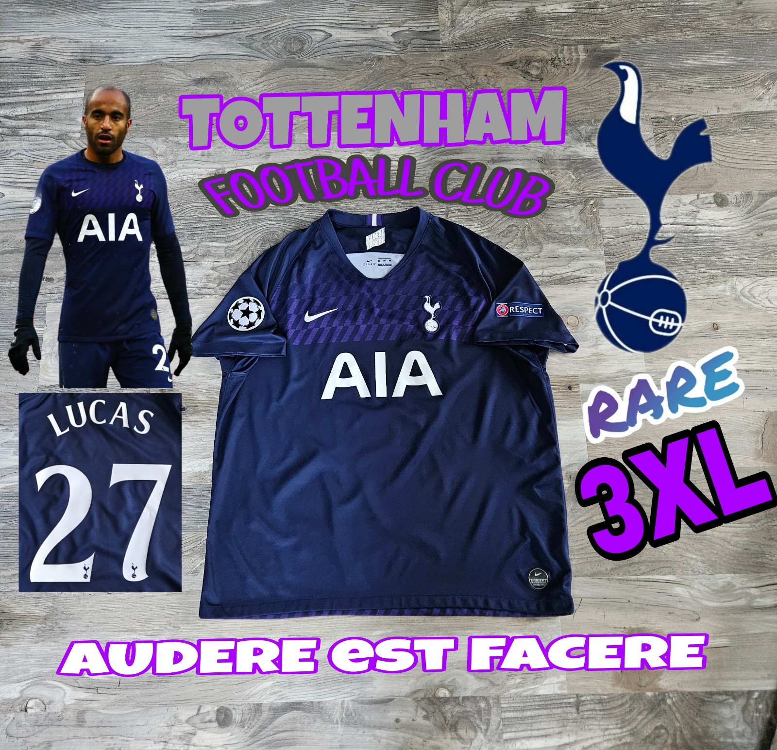 Nike Tottenham Hotspur Lucas Moura #27 2019/2020 away jersey rare 3XL UCL patch