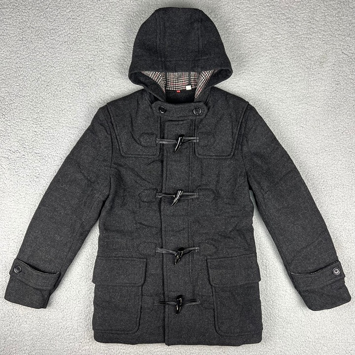 Uniqlo Coat Mens Extra Small XS Grey Wool Duffle Jacket Toggle Hooded Quilted