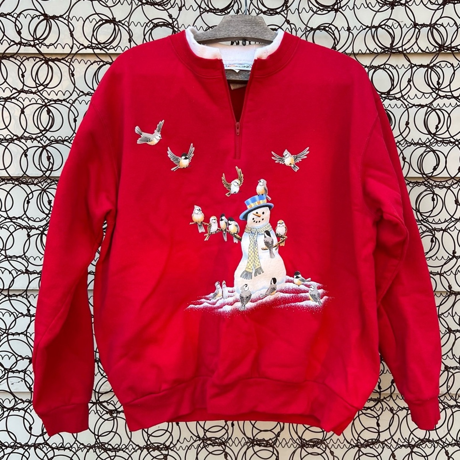 Vintage 90s Ugly Holiday Christmas winter snowman scene Henley granny sweatshirt