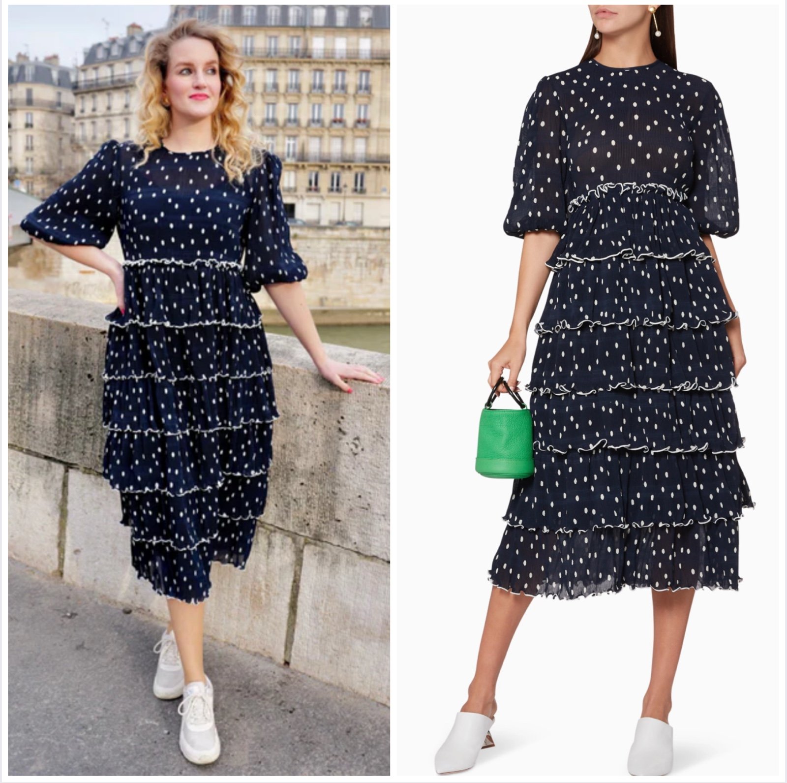 GANNI Lowell Polka Dot Pleated Tiered Dress Size 34 / US S