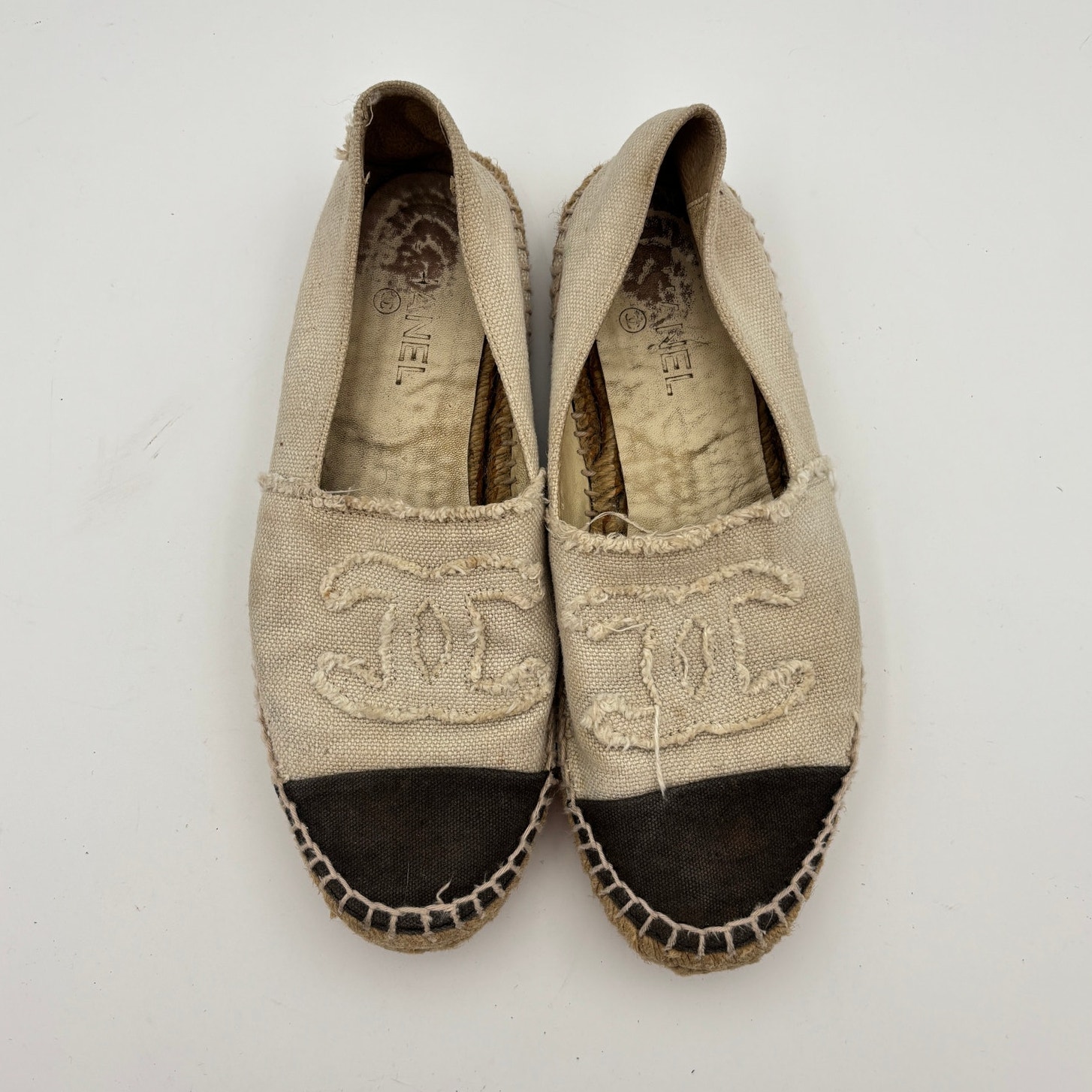 Chanel CC Logo Canvas Black Cap Toe Espadrilles Slip Ons Women's 41