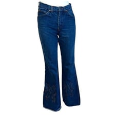 Vintage high rise wedgie bell bottom flare embroidered big stitching jeans
