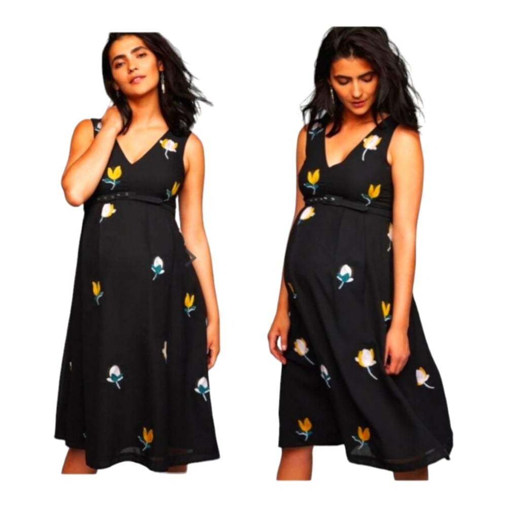Pea in a Pod Black Embroidered Floral Maternity Dress size M missing belt