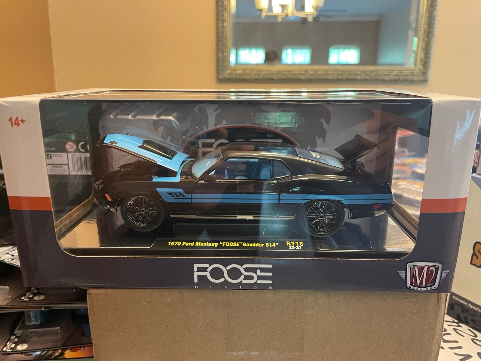 M2 1970 FORD MUSTANG FOOSE GAMBLER 514 CHASE BLACK/BLUE 1/24 Diecast-Brand New