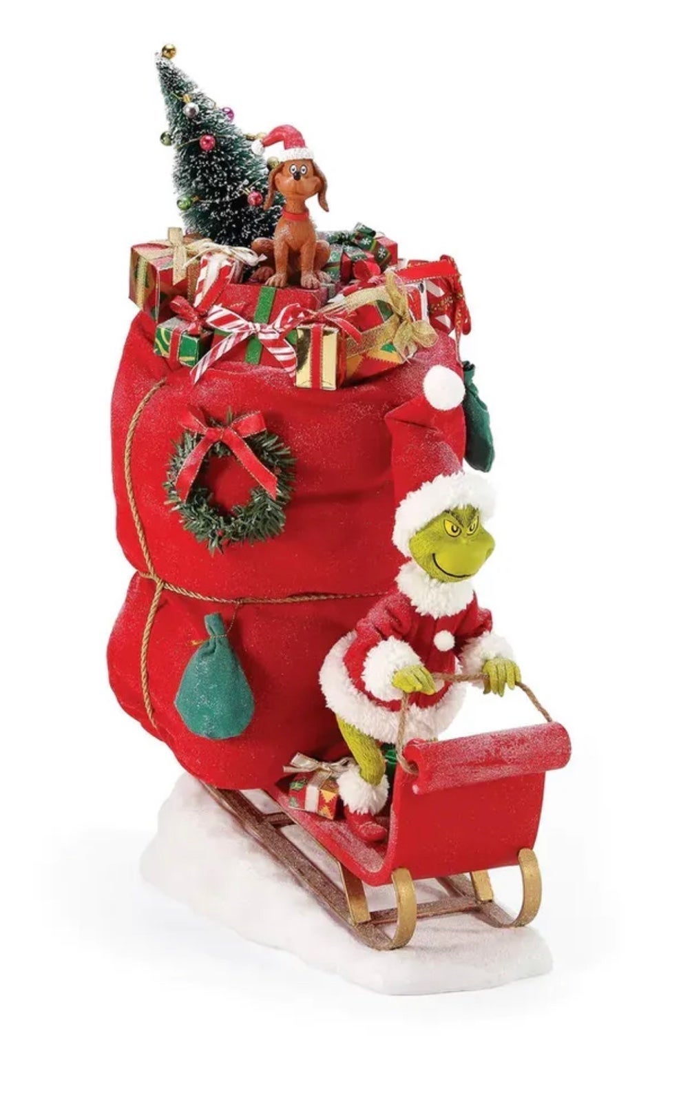 18” Dept 56 Possible Dreams MERRY GRINCHMAS Grinch Santa Max Sleigh Clothtique
