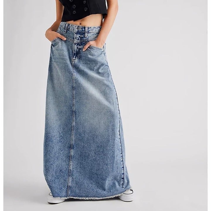 New Free People Come As You Are Denim Jean Maxi Skirt Mid Rise