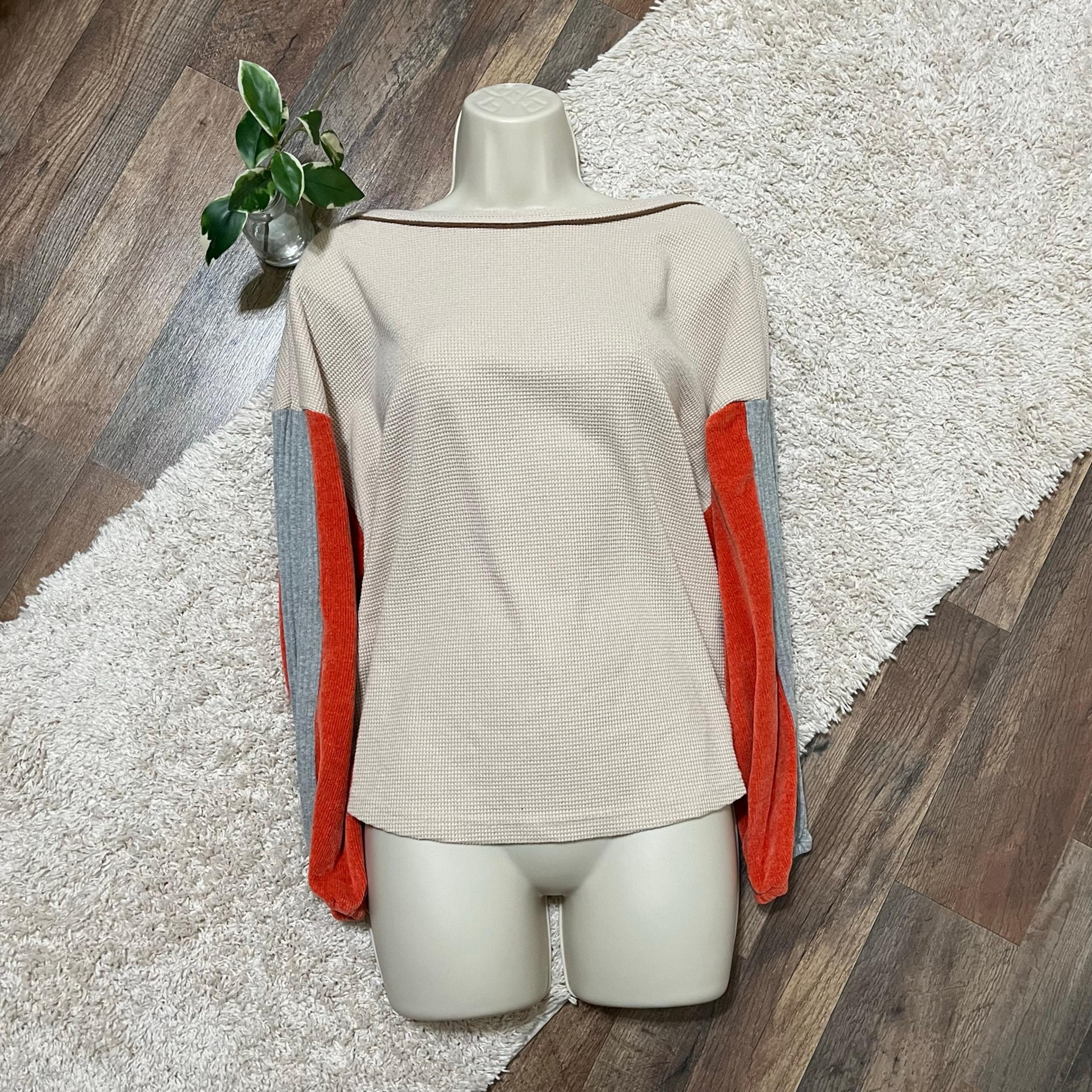 THML Medium Oversized Mixed Media Colorblock Waffle Knit Thermal Pullover Top