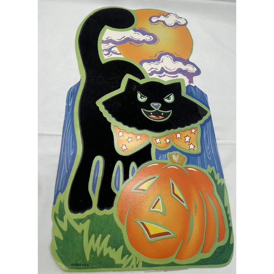 Vintage Halloween Decoration Cardstock Pumpkin Black Cat Two Sided Velvet