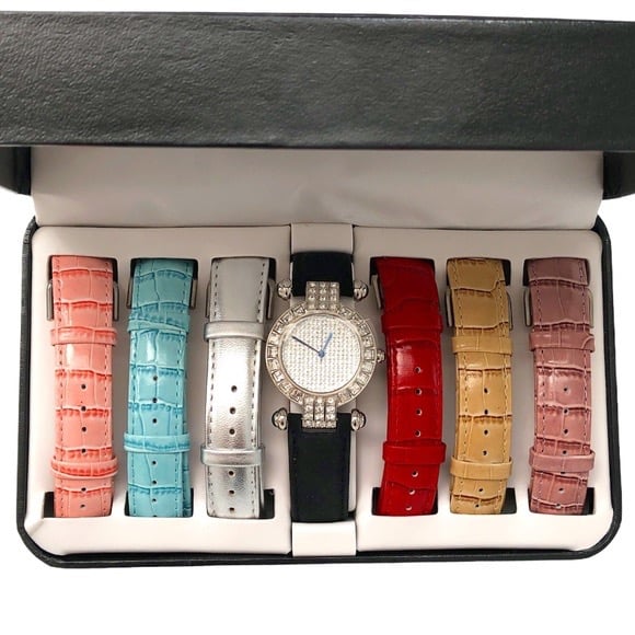 REAL COLLECTIBLES BY ADRIENNE WATCH SET CRYSTAL BEZEL & 7 COLORFUL BANDS - NIB