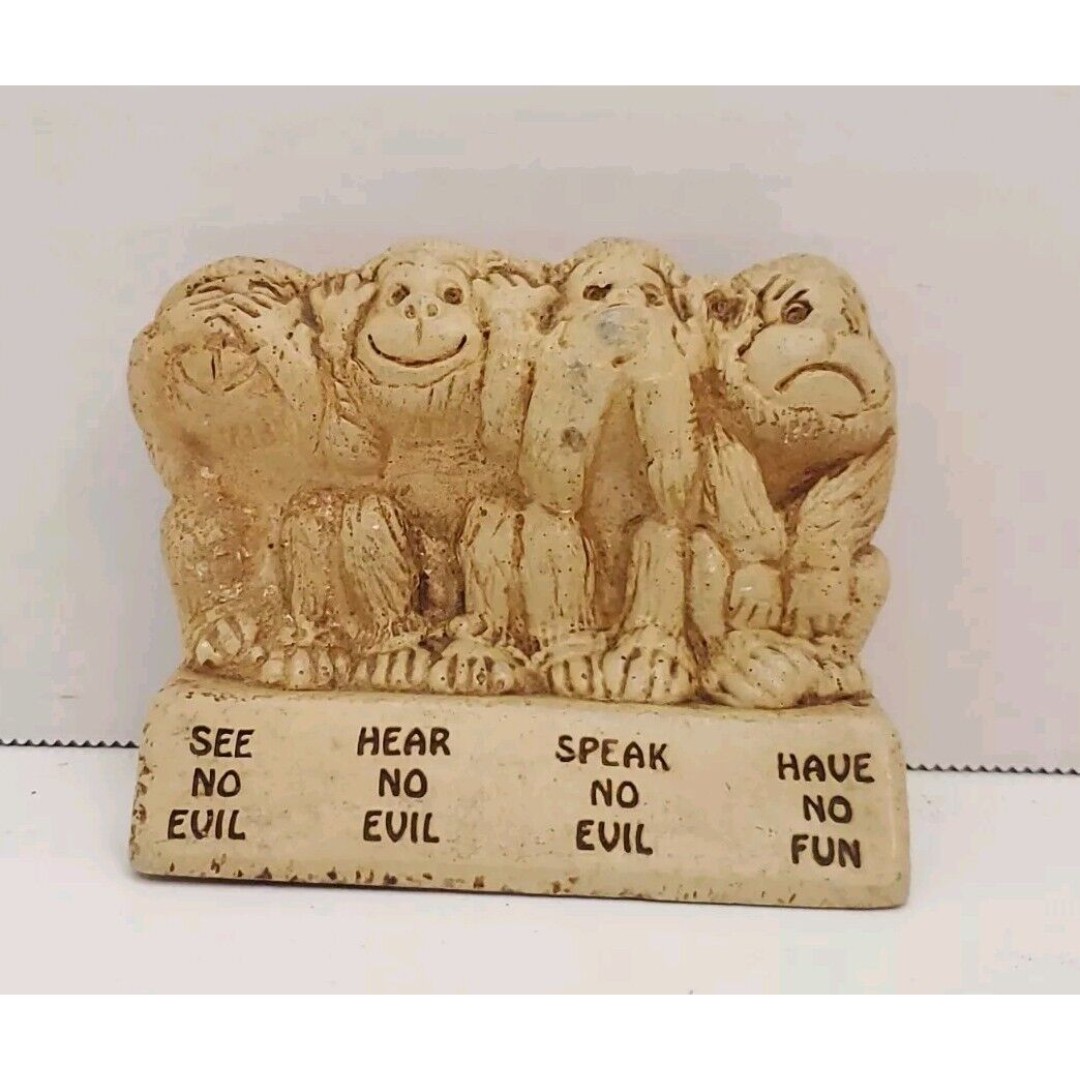 Vtg 1976 Paula Figurine See/Hear/Speak No Evil, HAVE NO FUN Monkeys Statue, USA
