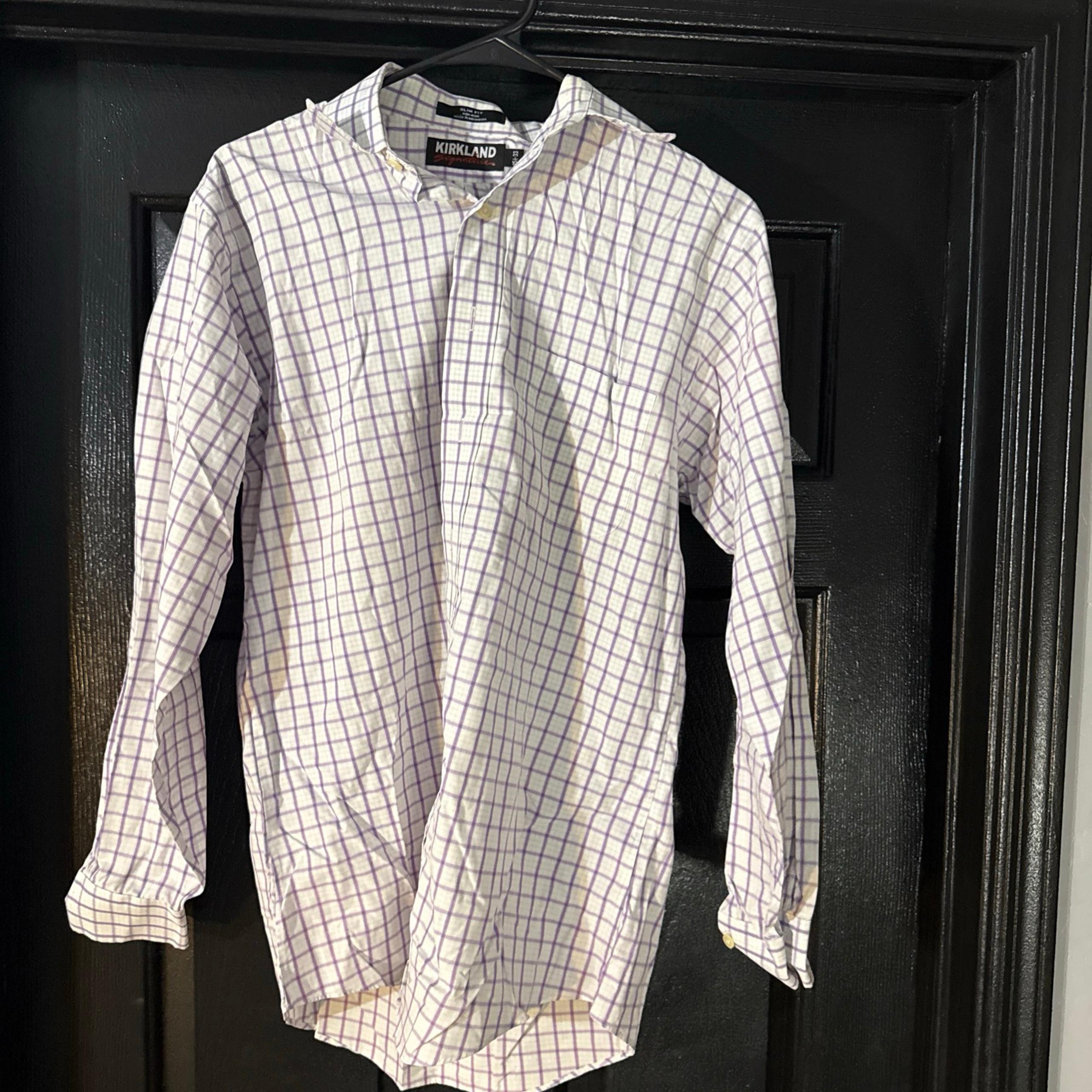 Button Down Iron Free Shirt 15 1/2 (33) Purple White Slim Fit - Kirkland Signature
