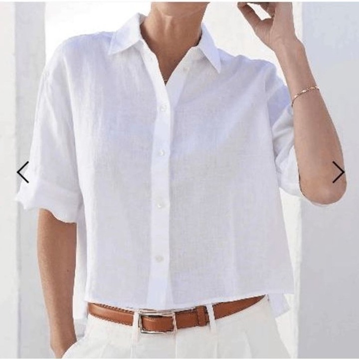 AYR Linen Button Up Crop Top Women's Size XL White Short Sleeve Minimalist