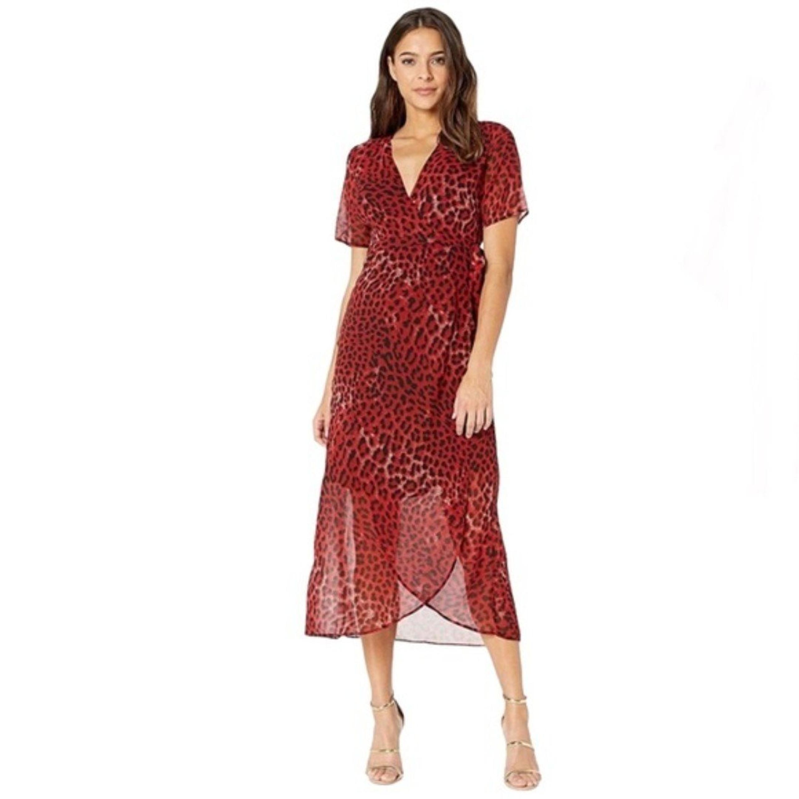 Bardot Women’s Leopard Animal Print Wrap Dress Size 12 Red Midi