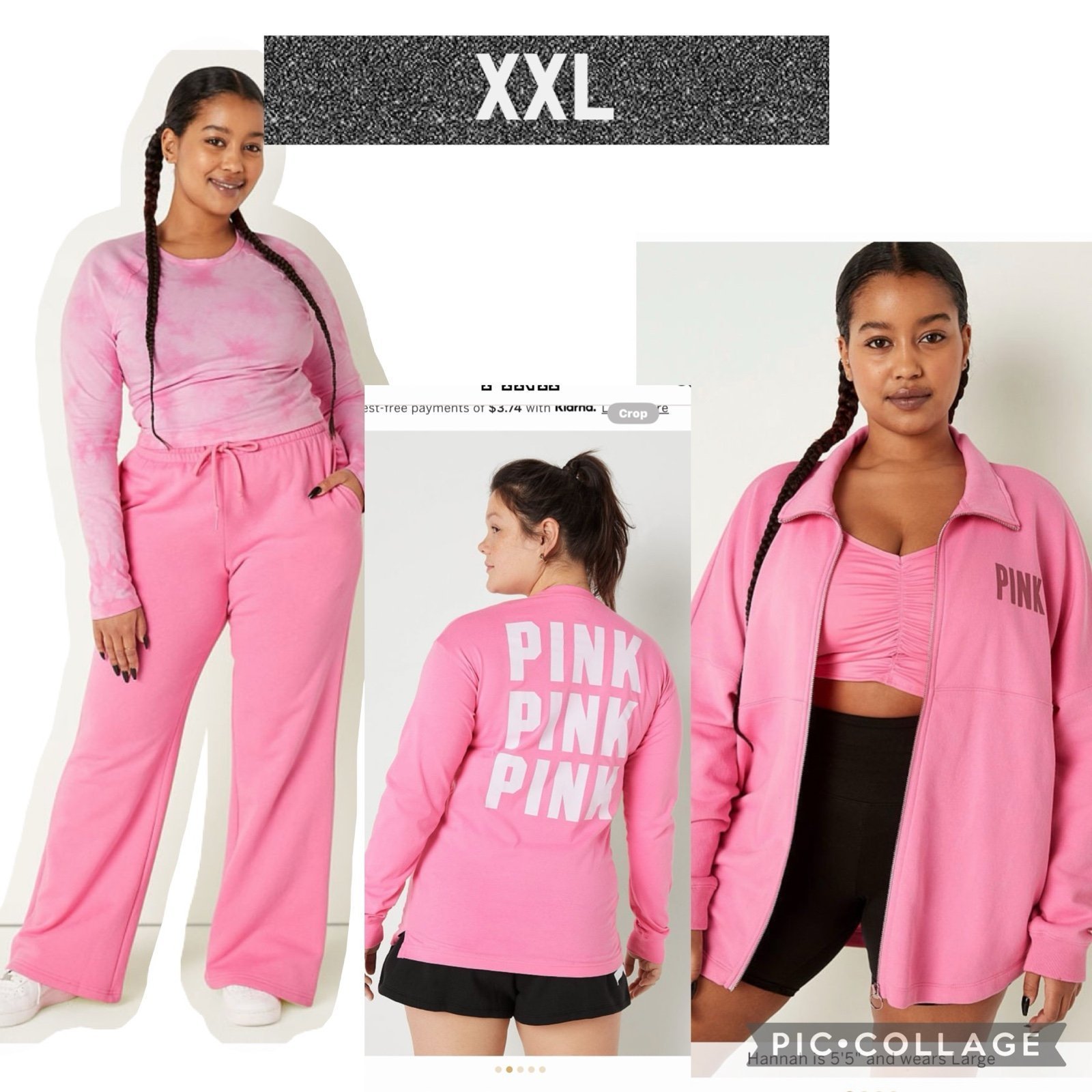PINK full zip sweatshirt high waist flare sweatpant long sleeve campus tee pink