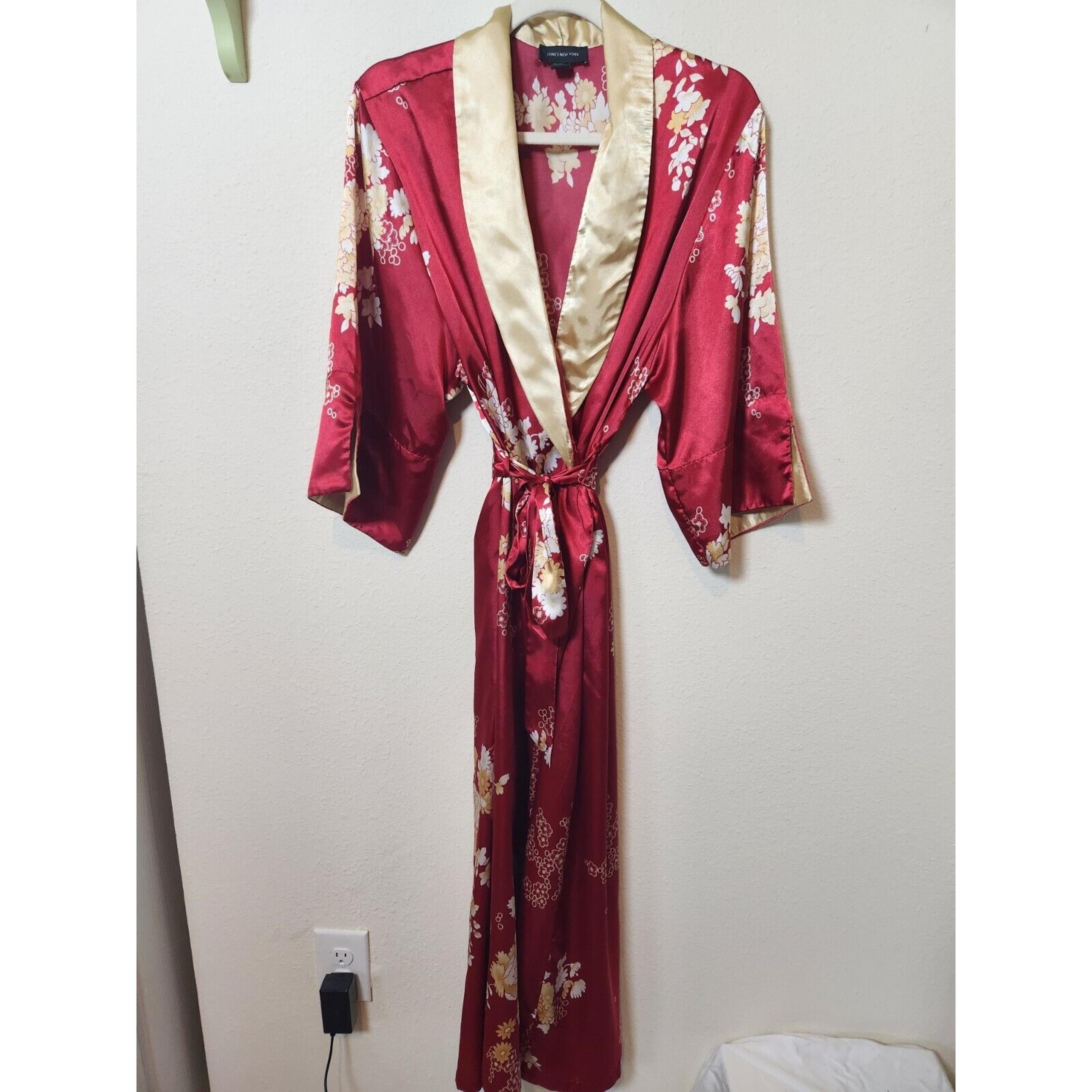 Jones New York Women's Gold Maroon Red Floral Long Kimono Sleeve Robe Size L/XL