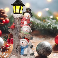 Handcrafted Resin Christmas Trio Snowman with LED Lamppost - 11.2'' Festive Snow