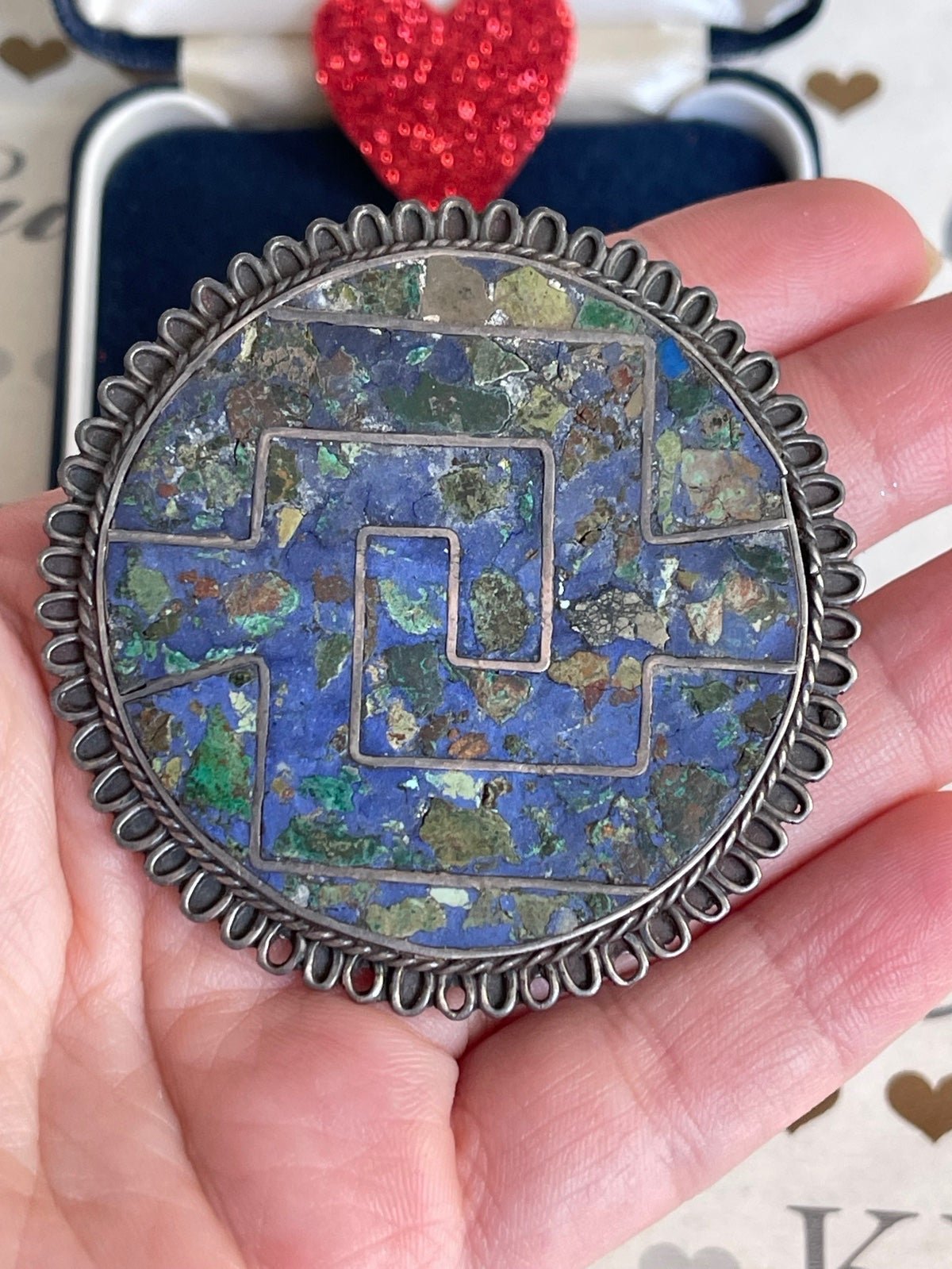 Taxco Mexico blue round brooch / Pendant. sterlin silver