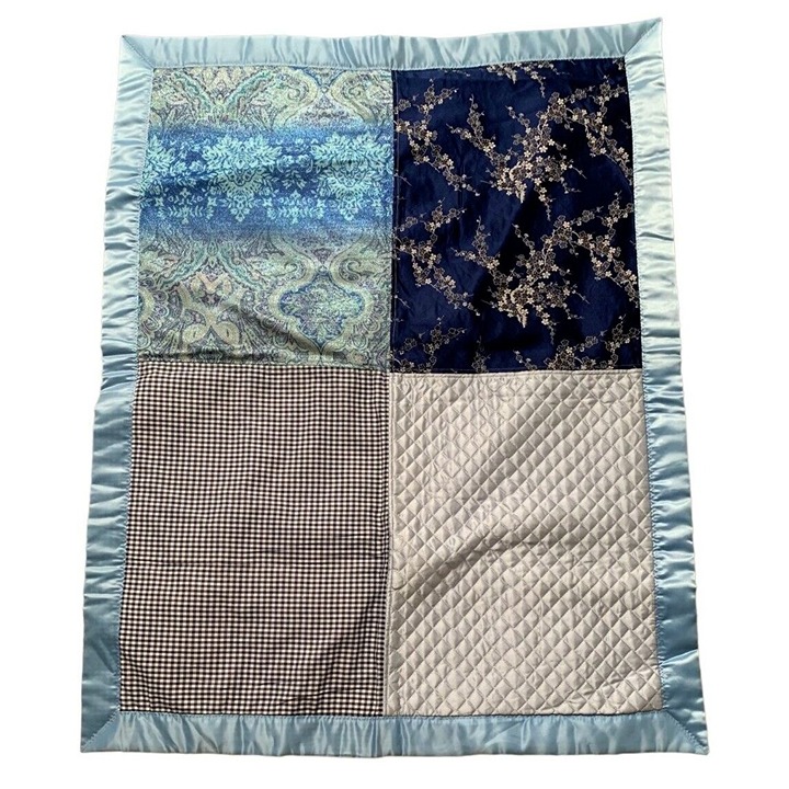 Vintage Hand Made Baby Boy Crib Blanket Quilt Satin Gingham Asian Motif 30 x 38